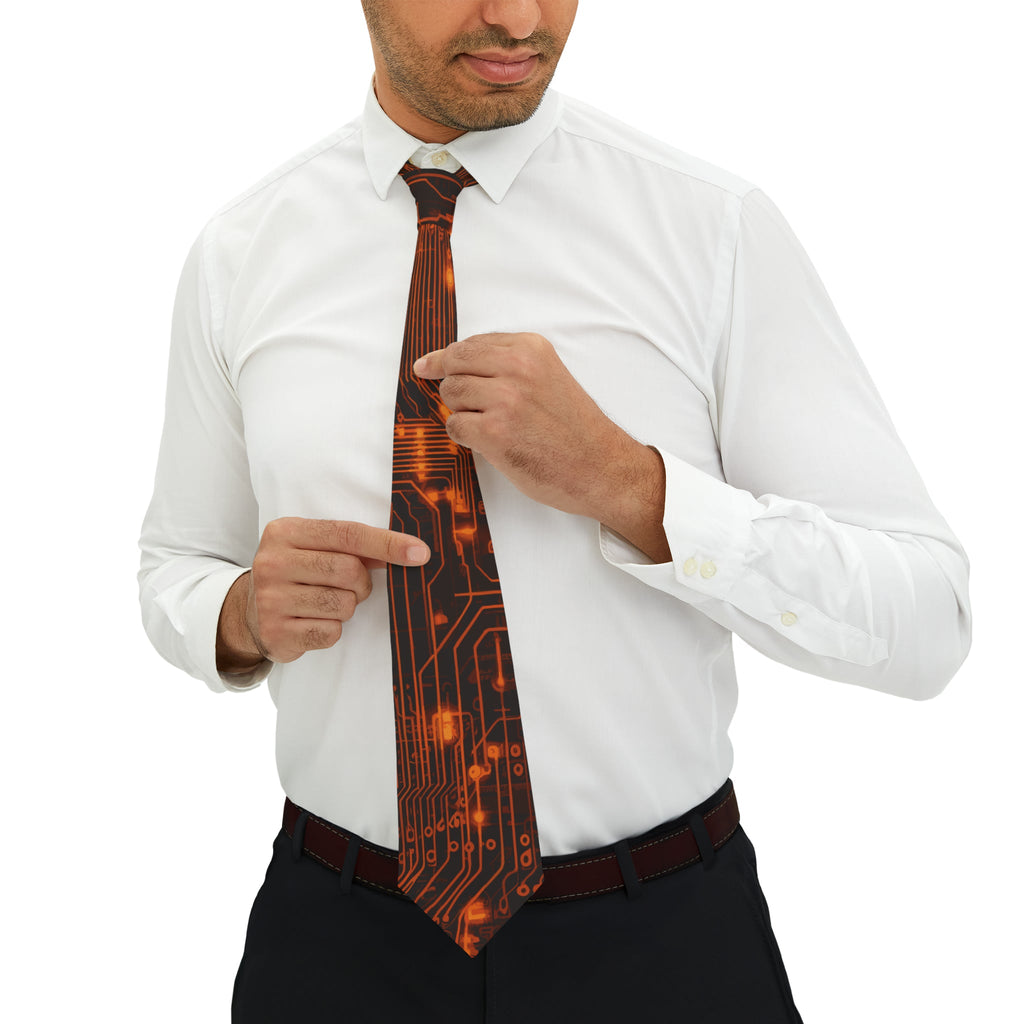 "DirkyThreadz Circuit Elegance Necktie - Bold Black and Orange Tech-Inspired Design"