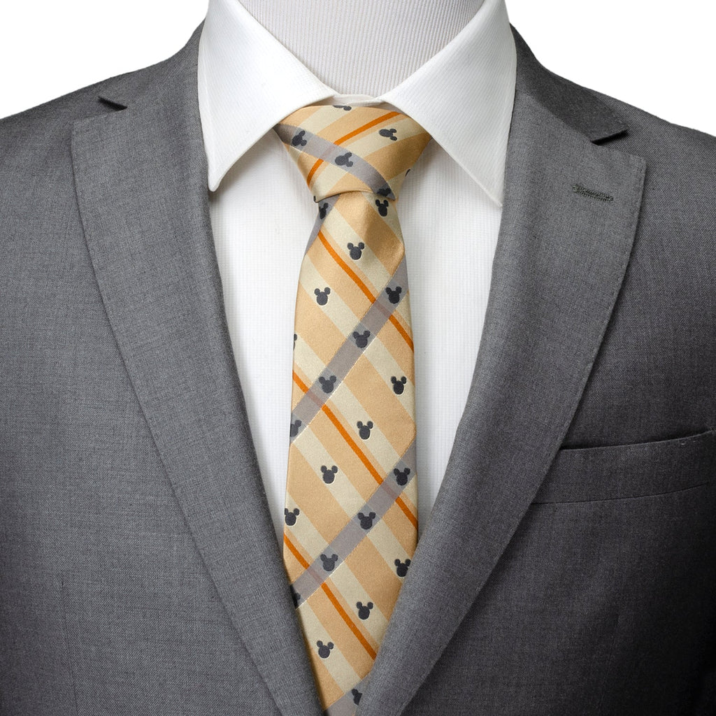 Disney Mickey Mouse Silhouette Tan Plaid Tie