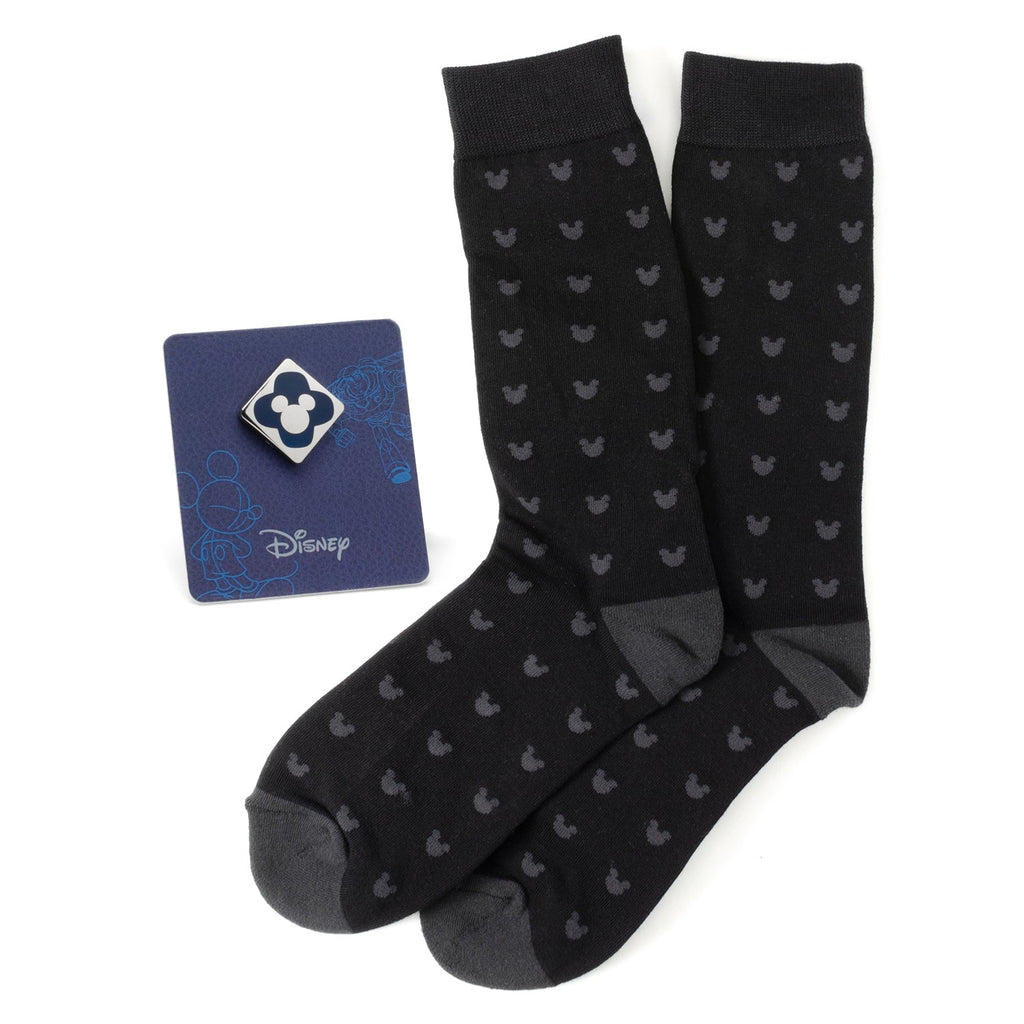 Disney Mickey Mouse Silhouette Motif Black Sock and Mickey Blue Lapel Pin Gift Set