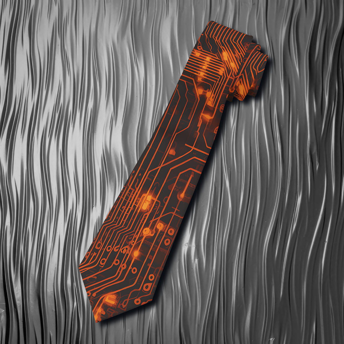 "DirkyThreadz Circuit Elegance Necktie - Bold Black and Orange Tech-Inspired Design"
